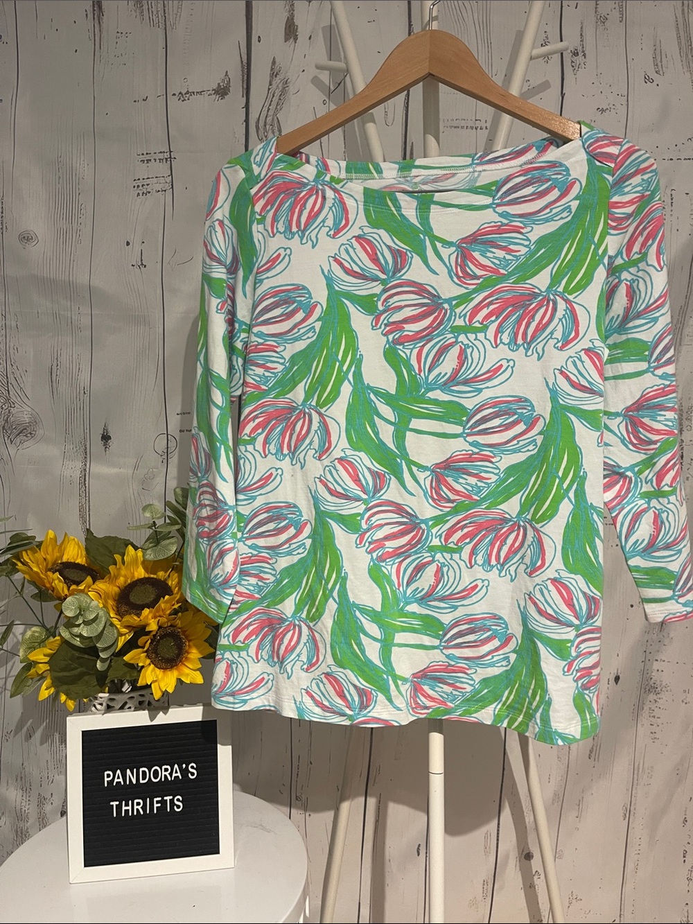 Lilly Pulitzer White Long Sleeve Top Pink Green Blue Floral Print L Preowned